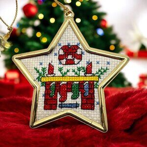 Vintage Cross Stitch Christmas Eve Tree Ornament Star Shaped Gold Tone Stockings